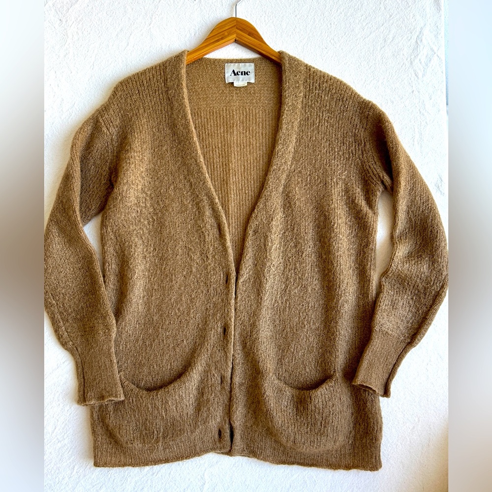 Acne mohair blend boyfriend cardigan, neutral camel/ brown. Perfect layering.